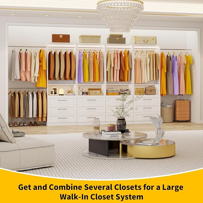 Closet System with 3 Drawers, 2-5FT Custom Closet Organizer System Shelving with 2 Hanging Rods & Shelf, Small Walk-in Closet System Freestanding, Modular Closet Organizer Storage System, White