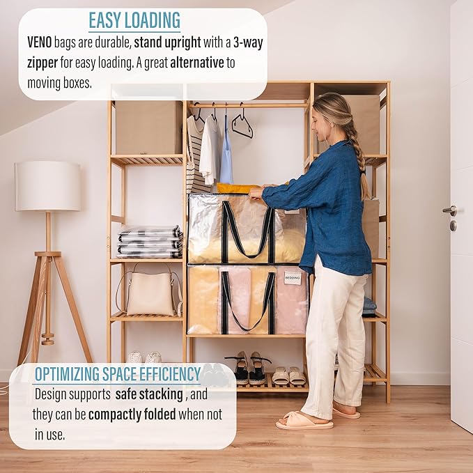 VENO 2 Pack Clear Moving Bags, 90L Extra Large Transparent Storage Totes, Heavy Duty 50lbs Load, Reinforced Handles, Zippers & Tag, See-Through Packing Boxes for Organizing Closet, Bedding, Clothes