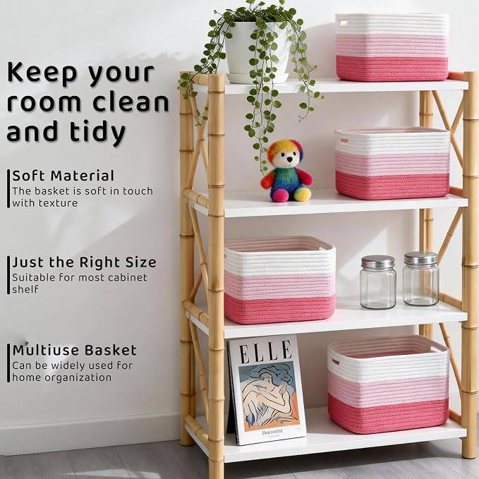 4 Pack Storage Baskets for Organizing, 11''Lx9''Wx8''H Woven Baskets for Storage Toys, Towels, Books, and Clothes, Cotton Rope Basket for Shelves with Handle White & Brown