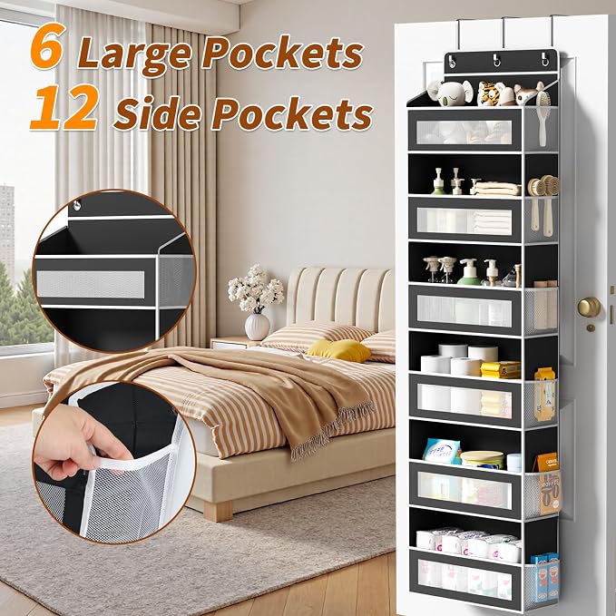 6-Tier Over The Door Organizer with 6 Large Pockets, Over the Door Storage 12 Side Pockets, Hanging Door Organzier 44 lb Load Behind Door Storage Hanging Shelf for Closet Wall Bathroom Nursery, Black