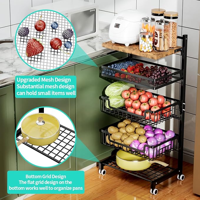 HapiRm Fruit Basket Kitchen Cart - Floor 5 Tier Adjustable Fruit and Vegetable Storage Rack, Large Capacity Rolling Kitchen Carts on Wheels for Pantry Snack Potato and Onion Storage