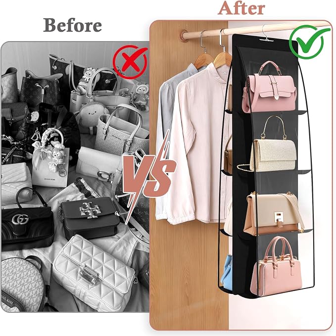 3 Pack Purse Organizer for Closet, 8 Pockets Black Handbag Hanging, Handbag Storage, Purse Closet Organizer Clear Window Purse Hanger and Handbag Organizer for Space Saving