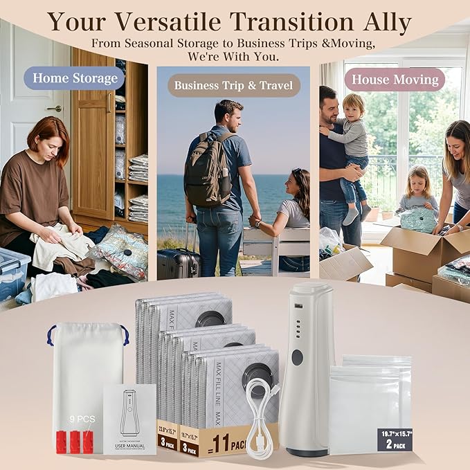 QcoQce Vacuum Storage Bags with Rechargeable Electric Pump, Space Saver Bags for Travel, Vacuum Seal Bags for Clothing, Bedding, Seasonal Storage, Compression Packing Bags for Suitcase