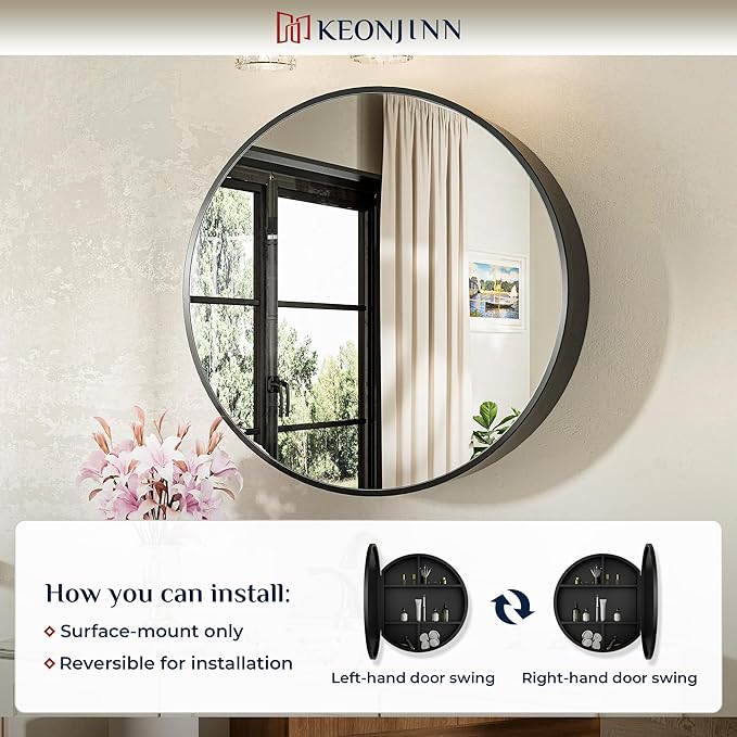 Keonjinn 28 x 28 Inch Round Black Mirror Medicine Cabinet Wall Mounted, Circular Modern Medicine Cabinet with Mirror, Black Framed Medicine Cabinets with Mirror, Vanity Bathroom Mirrors with Storage