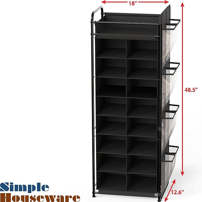 Simple Houseware 16 Cube Shoe Stand Tower Rack 8 Tier, Black | Top Shelf and Side Hanging Pockets