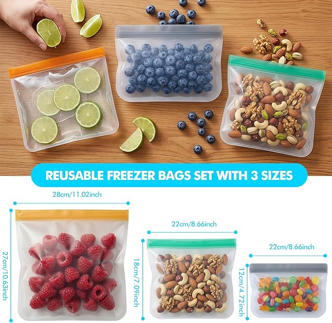 20Pack Reusable Freezer Bags,Leakproof Reusable Food Storage Bags BPA Free Healthy Food Storage Contaizers, Gallon Freezer Bags for Meal Prep Food Storage Home Fridge Kitchen Organization