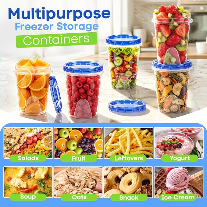 Freezer Storage Containers, 6 Pack-32 Oz Food Storage Containers with Twist Top Lids,BPA Free, Reusable, Meal Prep,Microwave and Dishwasher Safe