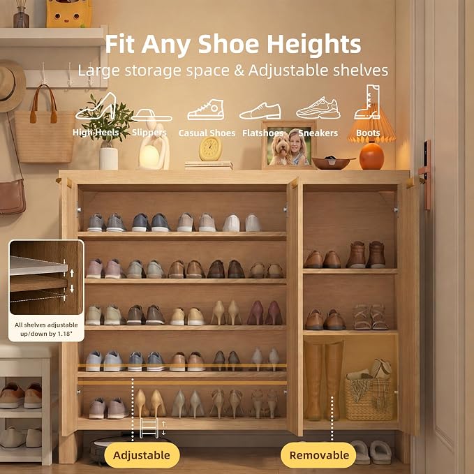 Shoe Cabinet, 5-Tier and 3 Doors Shoe Storage Cabinets with Fluted Doors and Adjustable Shelves, Thickened Wood Freestanding for Entryway, Hallway, Closet, Organizer Rack, Natural Oak JBSC003N