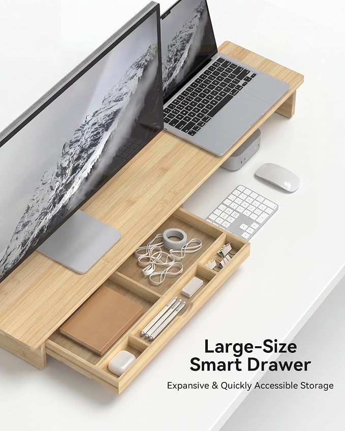42” Monitor Stand with Large Drawer Keyboard Storage,Bamboo | Dual Computer Monitor Riser Shelf for 55-72 Inch Desk Aesthetic Workplace Computer Setup Desktop Organizer Easy Assembly