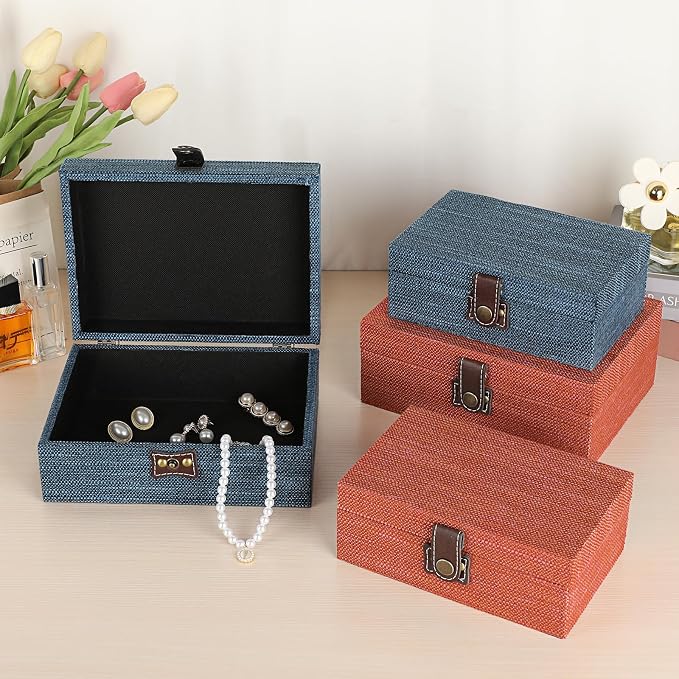 Hipiwe Treasure Chest Jewelry Box Wooden Decorative Box with Linen Covered | Memento Case Box with Clasp Lid, Rectangular Keepsake Box Photos Storage Organizer Home Decor, Blue