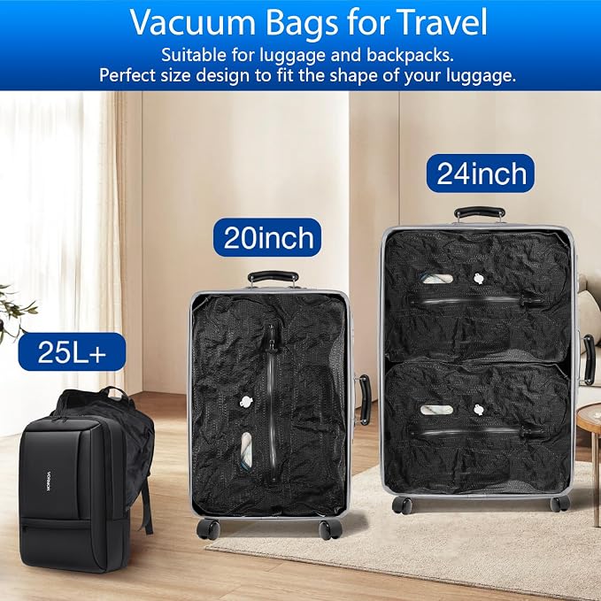 Travel Vacuum Bags with Pump–Electric Wireless Air Pump, Carry-on Size Vacuum bags for Travel, Double Layer for Luggage with IP67 Waterproof (1PC+Pump)