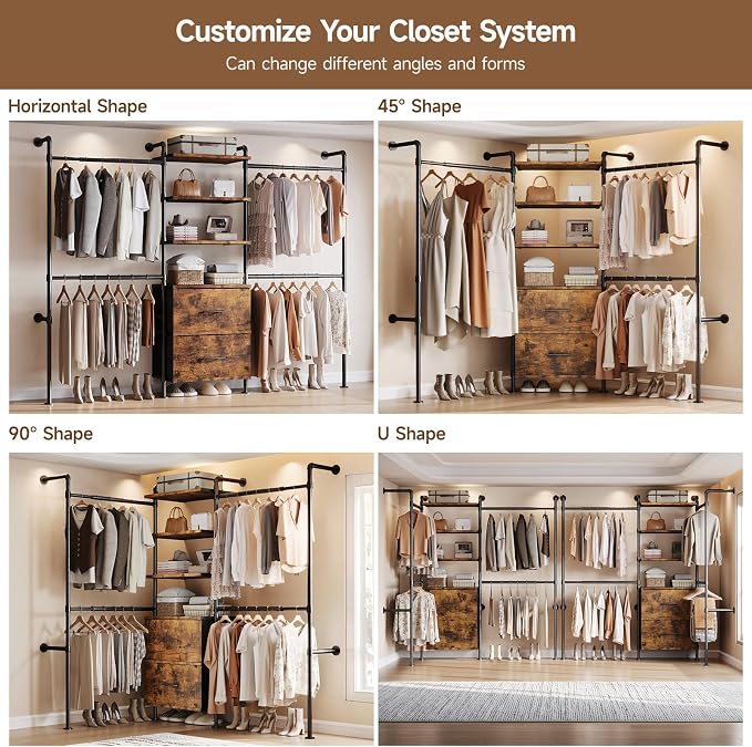 ONBRILL T3 Wall Mounted Industrial Pipe Closet Organizers Storage System | Metal Clothing Rack with 2 Drawers, 6 Wooden Shelves & 4 Expandable Rods, Heavy Duty Garment Rack, Wardrobe (Rustic Brown)