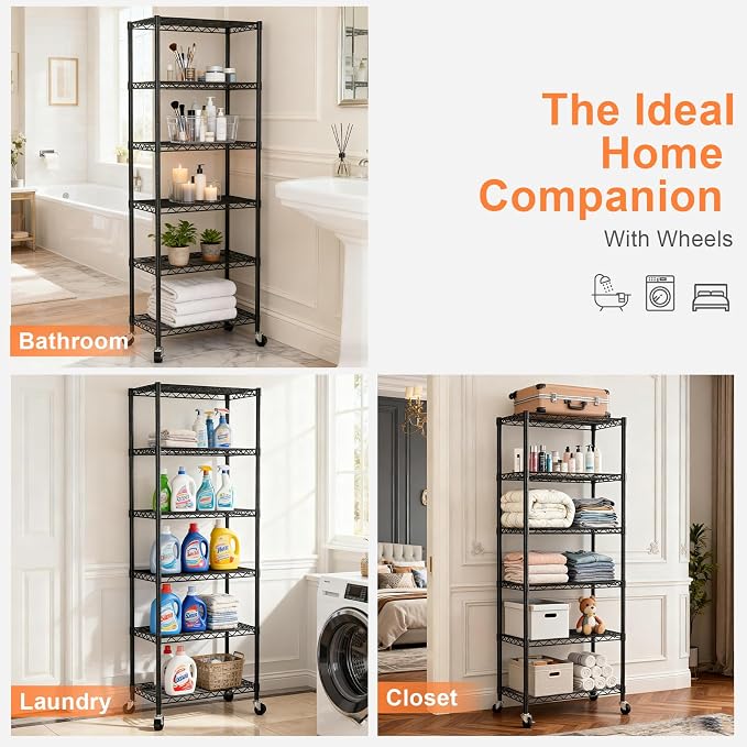 6-Tier Wire Rack Shelving,21.3" Wx11.4 Dx73 H,Metal Shelf On Lockable Wheels,Height Adjustable Wire Storage Shelves for Narrow Space/Kitchen/Pantry/Laundry/Office/Closet/Black