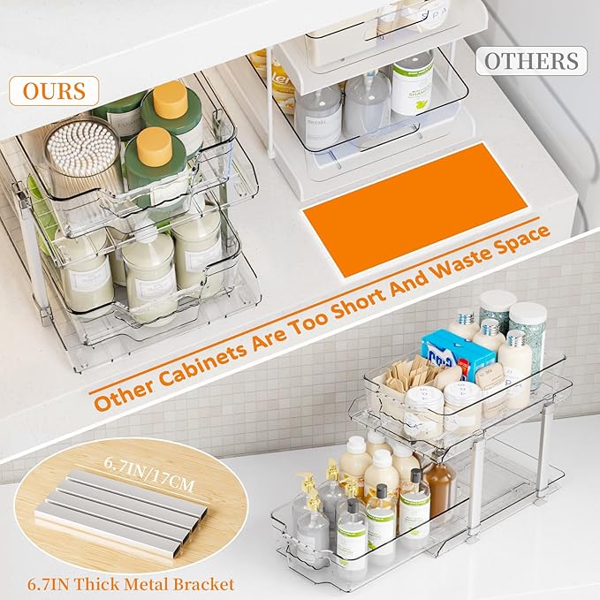 Yieach 2 Pack 2 Tier Under The Sink Organizer With Track,9.8 Inch Tall Bathroom Cabinet Organizer,Clear Under Sink Pull Out organizer for Kitchen,Vanity,Counter,Vanity,Medicine,Makeup,Hair Products