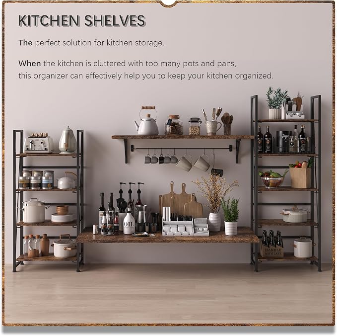 4NM No Assembly Folding Bookshelf Storage Shelves 4 Tiers Vintage Bookcase Standing Racks Study Organizer Home Office (Rustic Brown Black)