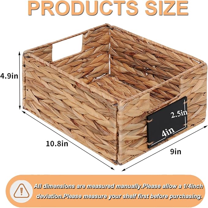 Water Hyacinth Storage Baskets Set of 4 - Foldable Seagrass Organizers with Chalk Labels,10.8x9x4.9 Inch,Rectangular Woven Pantry Bin for Shelves
