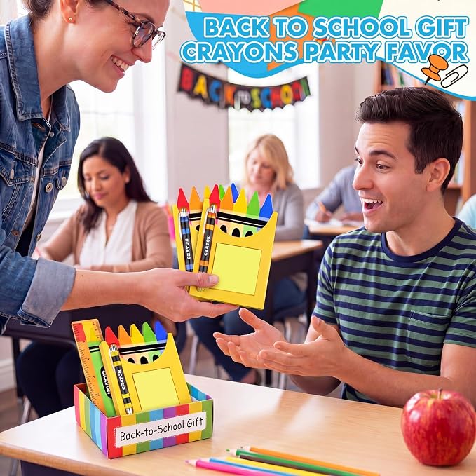 Kosiz 10 Set Back to School Teacher Appreciation Gift Bulk Crayons Wooden Sticky Note Holder with Note and Ballpoint Pen Crayons Party Favor for Back to School Classroom Teacher Gift