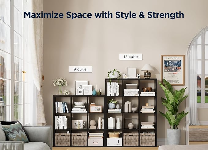 9 Cube Storage Organizer, Wooden Cube Shelf Bookcase with Reinforced Thick Shelves, Heavy-Duty 36.93" L x 9.37" W x 36.93" H, for Living Room Bedroom Home Office, Black