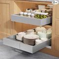 Seinloes 2 Pack Pull Out Cabinet Organizers 21" Deep With Raising Pad for Framed Cabinets, Expandable Width (9"-14") Slide Out Drawers Upgrade 3 Slide Rails, Roll Out Shelves Adhesive, Silver