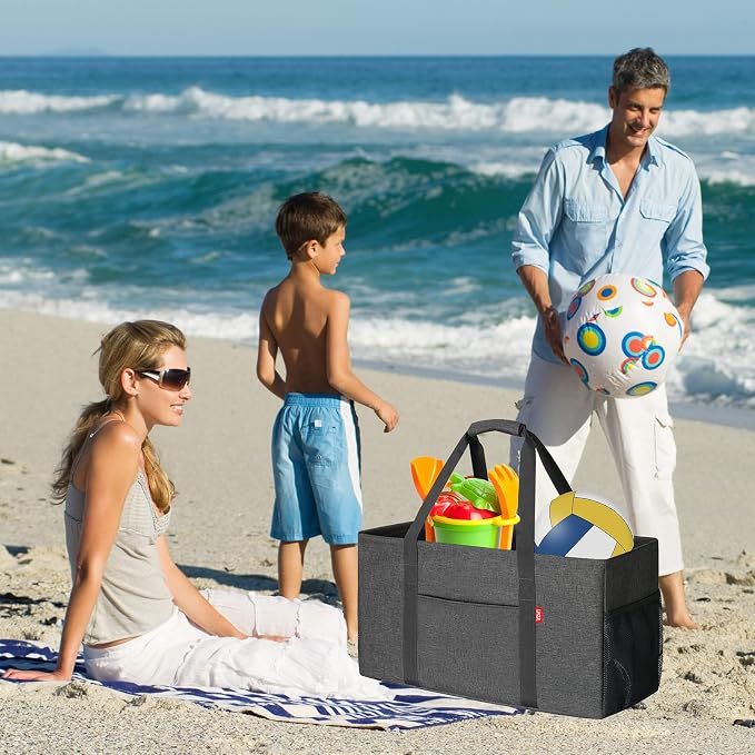 LHZK 2 Pack Extra Large Utility Tote Bag with Metal Wire Frame and the Sides Rinforced, Extra Large Tote Bag with Handle for Pool Beach Laundry Storage (Grey)