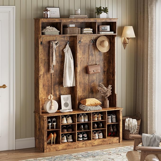 Wodeer Hall Tree with Bench and Shoe Storage, 53" Farmhouse 4-in-1 Mudroom Storage Organizer with Coat Rack, 6 Hooks, 12 Shoe Cubbies, Adjustable Shelf, for Entryway, Hallway, Living Room, Brown