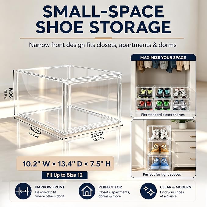 12 Pack Drop Front Shoe Boxes Acrylic Box Sneaker Case Size 12, Transparent Display Cases for Sneaker Collections, Baseball Caps, Hat Organizer Dust-free Shoe Cubbies Stackable Sneaker Boxes