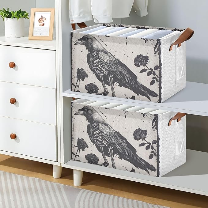 Gothic Skeleton Crow Roses Storage Bins for Shelves with Labels&Handles Fabric Organizer Bin Foldable Rectangle Storage Basket Boxes for Closet, Bathroom, Home, Living Room