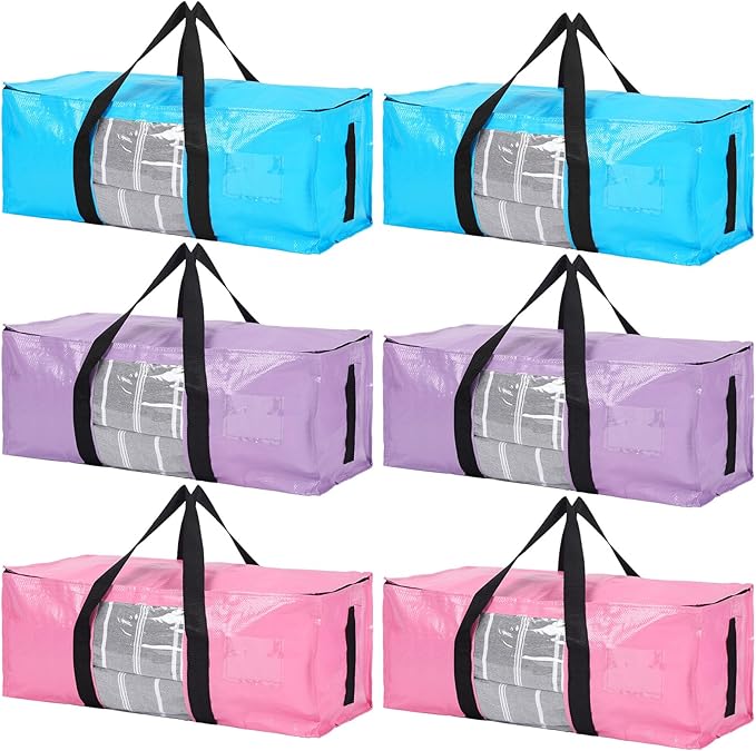 6 Pack Heavy Duty Extra Large Dorm Moving Bags with Visible Window and Reinforced Handles Heavy Duty Storage Tote for Space Saving Moving Supplies Clothes College Students(Pink Purple Blue)