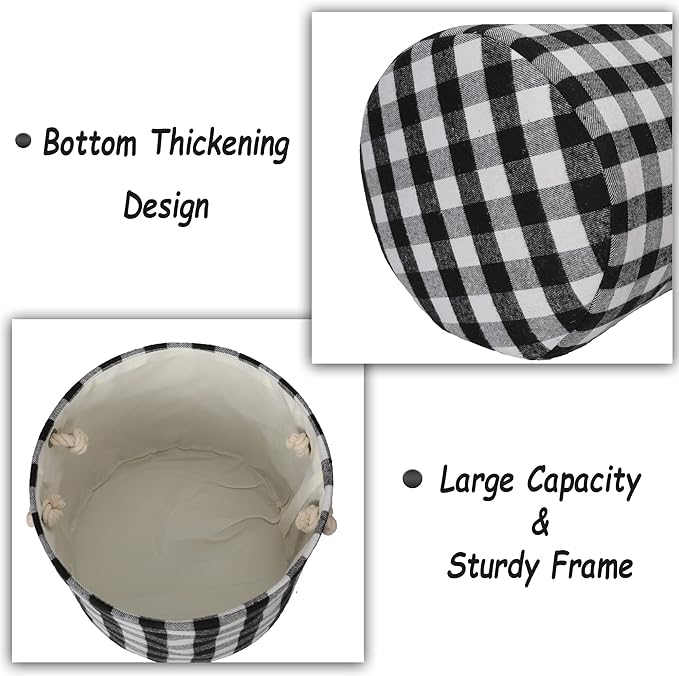 Round Laundry Basket Foldable Storage Baskets Home Organization Containers Buffalo Checked with Rope Handles, White Black Grid, L