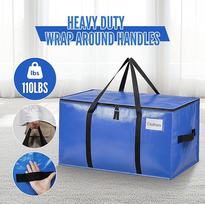 BAGAIL Heavy Duty Moving Bags with Strong Handle, Extra Large Moving Boxes, Storage Tote for Clothes, College Moving Supplies(Blue, 4 Pack)