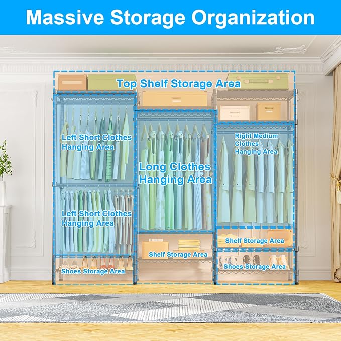 Ulif E13 Heavy Duty Clothes Rack（With 4 Hanger Rods & 8 Shelves） Freestanding Clothing Racks for Hanging Clothes，Adjustable Closet Organizer，Metal Garment Rack 63" W x16 D x77 H，Max Load 900LBS，Grey