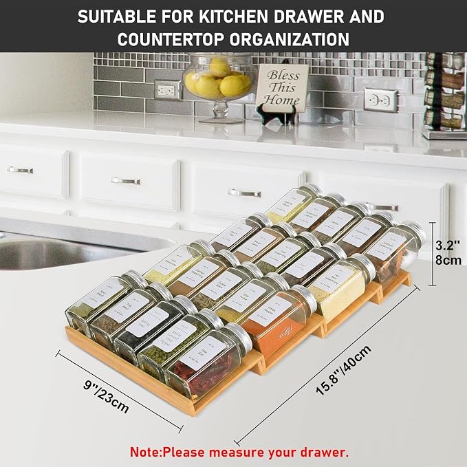 Spice Drawer Organizer with 20 Spice Jars,216 Labels,50 Non-slip Rubber, Bamboo 4 Tier Seasoning Rack Tray Insert for Kitchen Drawers,Cabinets,Countertop,9" Wide x 15.8" Deep