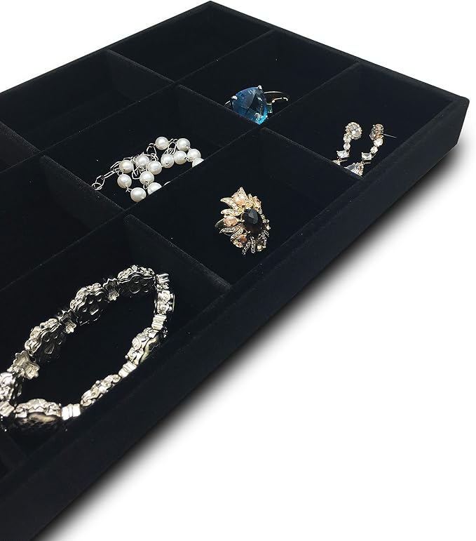 The Display Guys - Stackable Jewelry Tray and Organizer - for Drawers, Dressers, Store Display (12 Compartments, Black Velvet)