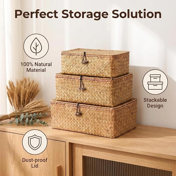 Wicker Handwoven Seagrass Storage Baskets for Organizing With Lids,boho rectangle decorative storage boxes, stackable natural rattan for Shelf,Closet,Bedroom,bathroom,three-piece set