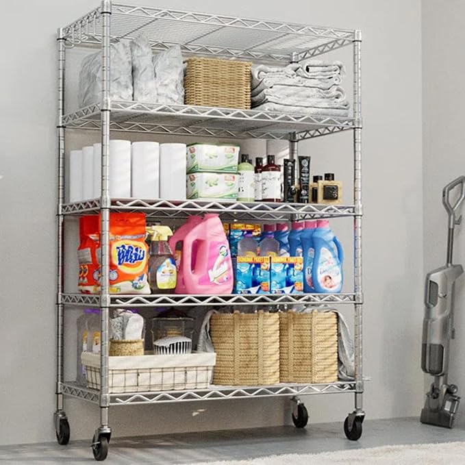 PrimeZone 3 Pack Steel Storage Wire Shelving 5 Tier Metal Shelves with Wheels,Adjustable Kitchen Utility Shelving Unit,Pantry Rack Rolling Metal Shelf Laundry,Chrome 24" Wx18 Dx75 H