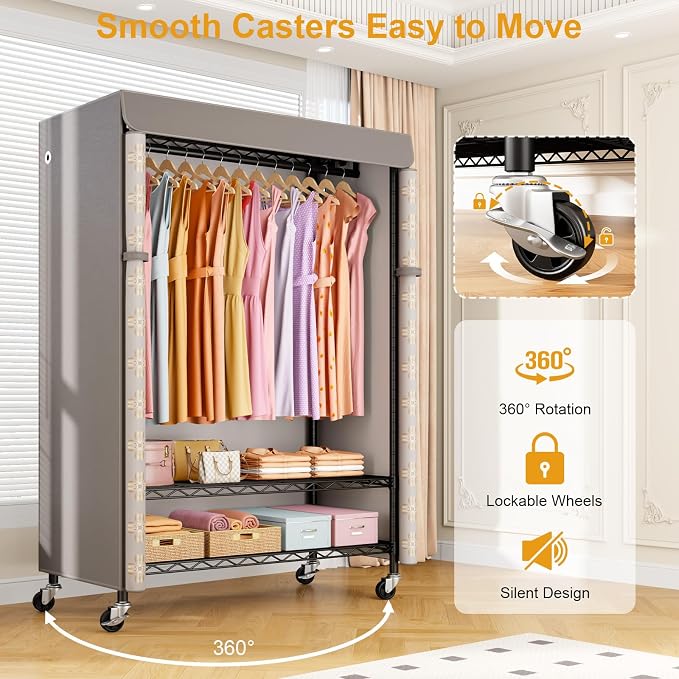ULIFHOME Rolling Clothes Rack with Cover, Covered Clothing Rack Heavy Duty | P6C Plus Portable Closet for Hanging Clothes, Garment Rack on Wheels, Black Closet Rack with Pattern Cover, Max Load 375LBS