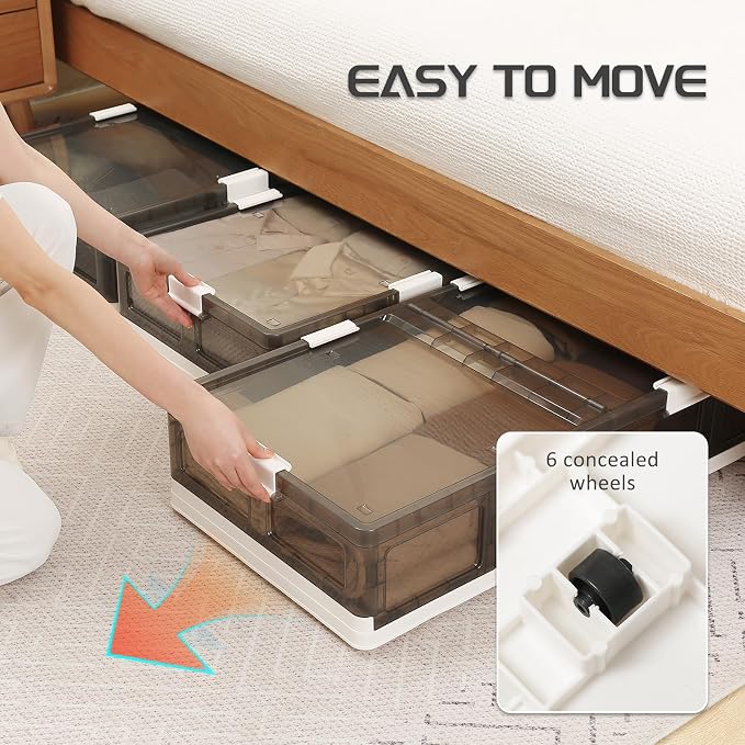 Under Bed Storage Containers with Wheels - Stackable, Foldable Plastic Storage Boxes with Lids for Clothes, Shoes, Blankets - Perfect for Bedroom Organization and Dorms (1 Pack-25.2''x16.5''x7.1'')