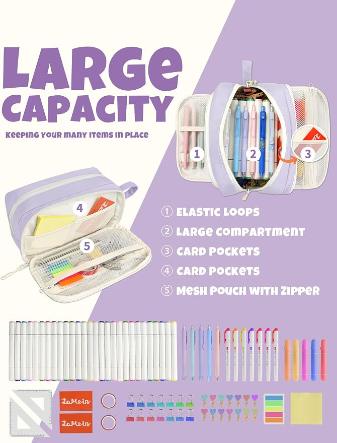 SUNEE Large Pencil Case, Big Capacity Pen Pouch with 3 Compartments, Kawaii Pencil Bag with Zipper, High Storage Stationery Holder and Organizer, School Supplies for Teen and Adult Girls, Light Purple