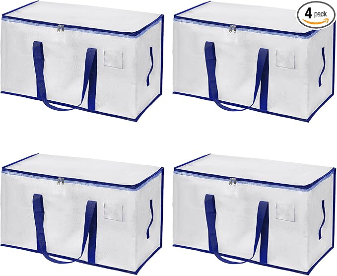 4 Pack Large Strong Moving Bags with Carrying Handles&Zippers, Fold Flat, Water-Resistant&Heavy Duty Storage Tote for Space Saving, Alternative to Moving Box (Semi-Transparent)