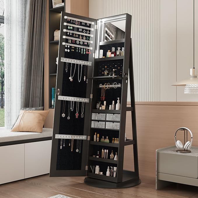 62" 360° Swivel Freestanding Storage Chest, Jewelry Cabinets with Interior Light, Utility Organizer with Lockable Design for Home Dressing, Black
