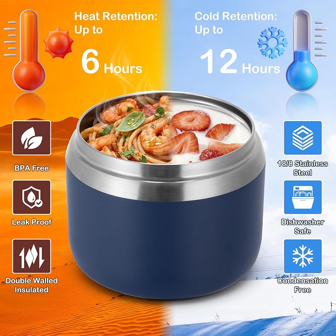 MAXSO 14oz Vacuum Insulated Food Jar with Spoon Buckle Lid, Kids Soup Thermo for Hot Food Wide Mouth Leakproof Stainless Steel Lunch Container - Navy Blue