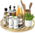 Premium Rubber Wood Lazy Susan Turntable, Glod White Checkerboard Decorative Serving Tray, Hand-Welded Metal Railing, Stable Rotating Organizer for Dining Table, Kitchen Counter, Coffee Table Decor