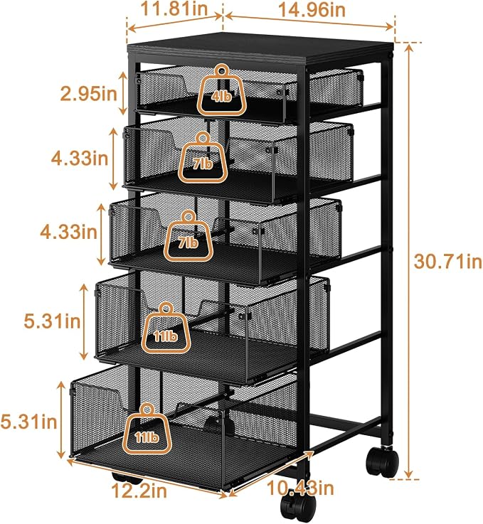 Kitchen Storage Cart with Drawer, 5-Tier Fruit Vegetable Storage Cart, Kitchen Organizer and Storage Cart with Wheels, Wooden Top Metal Wire Pantry Storage Cart rack for Fruit Snack Onion Potato