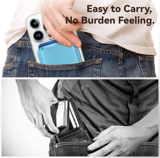 Magnetic Wallet Cell Phone Card Holder for Phone Case with Mag-Safe, Stronger Magnetic RFID Leather Phone Wallet Stick on Series of iPhone 17/16/15/14/13/12 and Pro/Promax, Light Blue