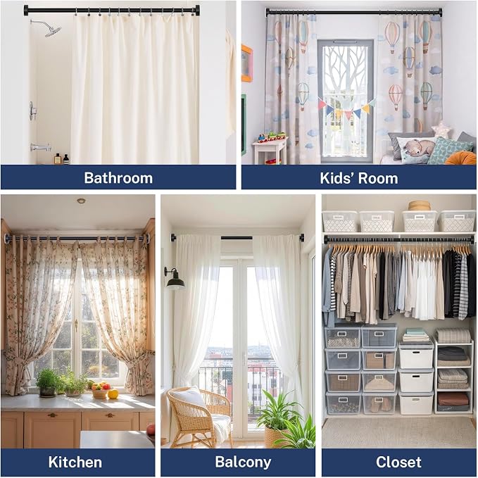 Heavy Duty Tension Shower Curtain Rod 2 Pack 48-74 Inch Black | Rustproof Steel, Drill-Free Tension Mount, Adjustable Rods for Bathroom Window Door Patio Closet, Non-Slip No-Tools Install.