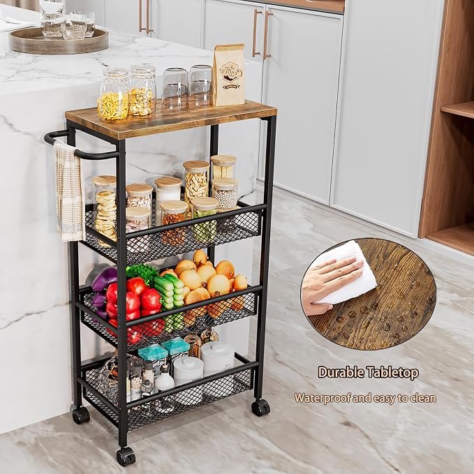 AZERPIAN Slim Rolling Cart 4 Tier Narrow Storage Cart on Wheels with Metal Handle for Kitchen Dining Living Home Laundry Room