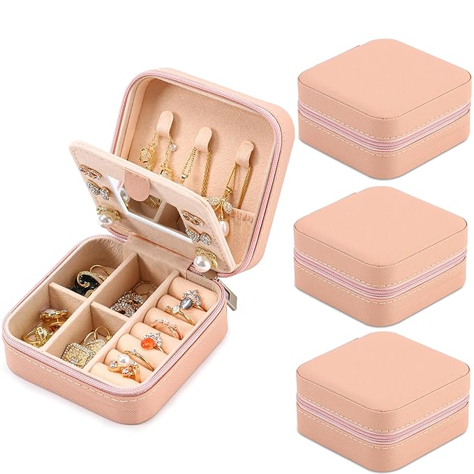 Neveika Jewelry Box with Mirror,Small Jewelry Organizer Box，Travel Jewelry Case for Women，Gift Jewelry Boxes for Female Girls (4pcs mirror pink)