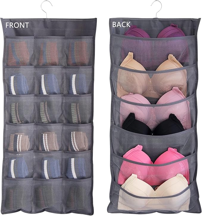 Hanging Mesh Pockets Dual-Sided Closet Organizer for Underwear,Bra,Socks,Accessories with Hanger,Total 24 Pockets Grey
