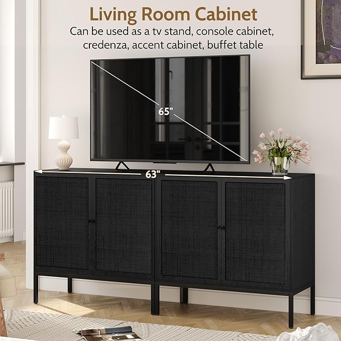 Yechen Set of 2 Full Black Rattan Cabinet, Farmhouse Sideboard Cabinet with Natural Rattan Decorated Doors, Accent Cane Credenza Buffet Console Storage, for Living Room Entryway Kitchen, Metal Legs