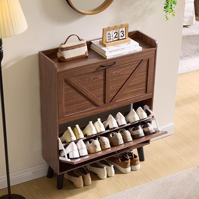 LEYAOYAO Shoe Cabinet Storage for Entryway with 2 Flip Drawers Rack Narrow Organizer Slim Hidden Wood Shoe Cabinet Furniture Walnut
